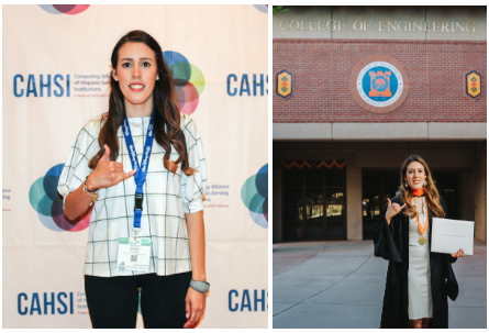 Photos of Bianca Alvarez in front of poster and graduation