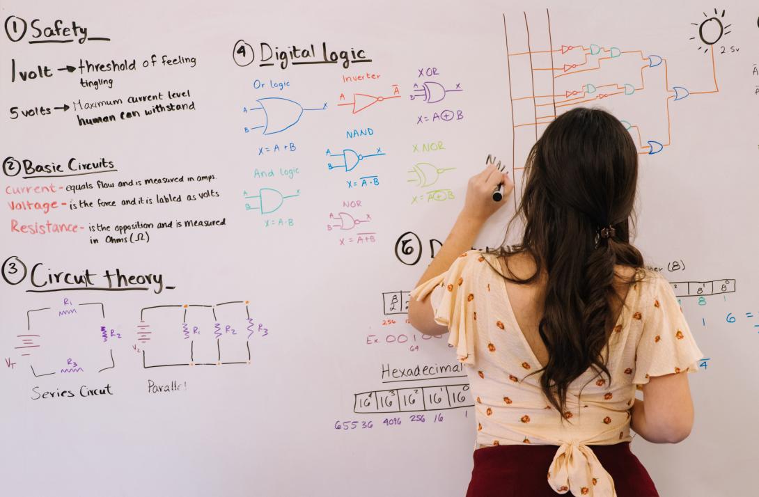 Person in front of whiteboard doing equations