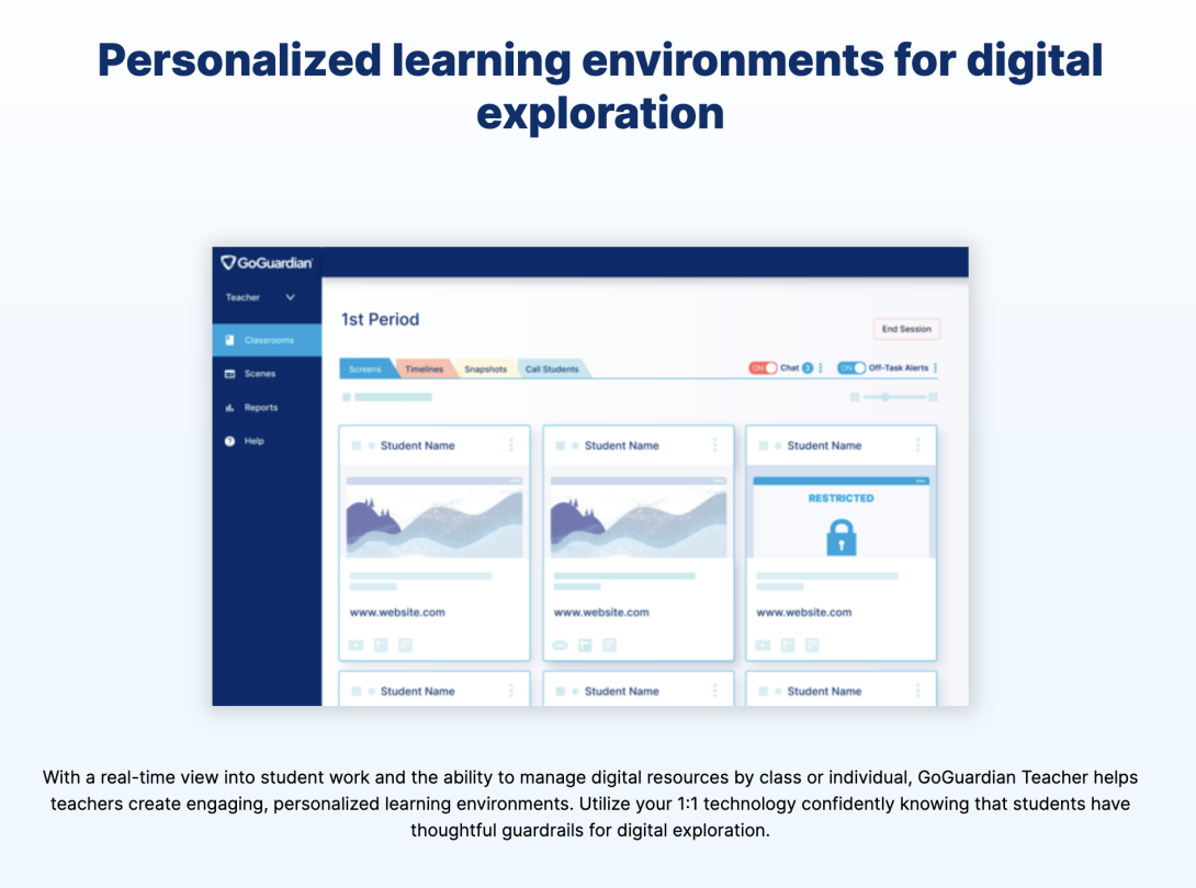 A screenshot from the GoGuardian website showing the teacher view. A dashboard shows what each student is looking at. The caption says “Personalized learning environments for digital exploration... With a real-time view into student work and the ability to manage digital resources by class or individual, GoGuardian Teacher helps teachers create engaging, personalized learning environments. Utilize your 1:1 technology confidently knowing that students have thoughtful guardrails for digital exploration.”